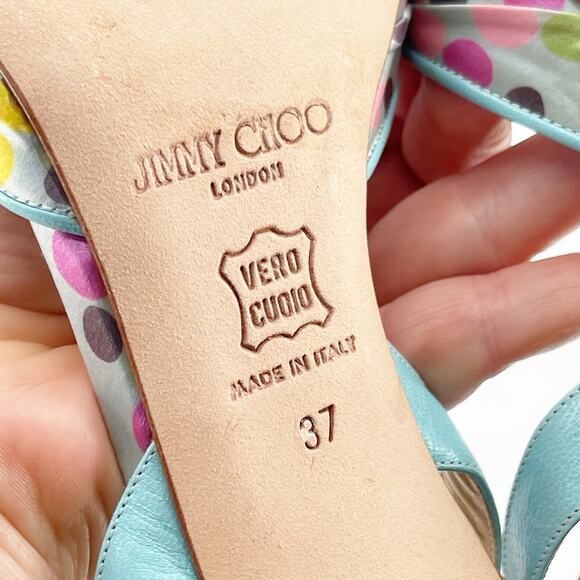 Vintage Y2K Jimmy Choo Multicolor Polka Dot Satin Slingback Peep Toe Heels IT 37 - Picture 10 of 10